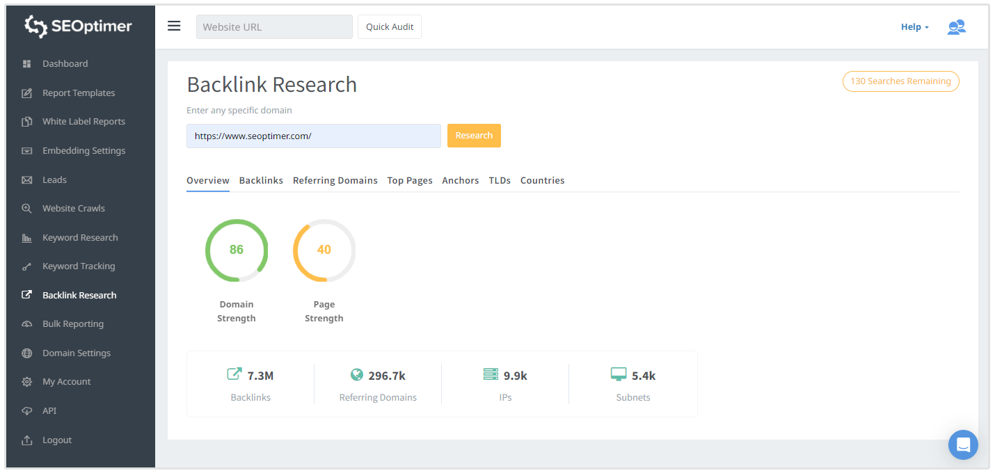 Capture d'écran de l'outil de recherche de backlinks